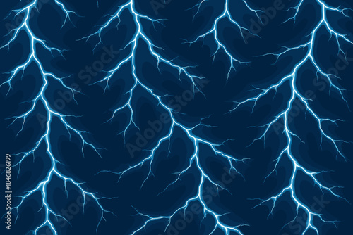 Bright lightning bolts spread across a dark background during a storm at night