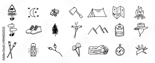 doodle camping icon hand drawing bon fire, tent wild hiking element