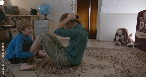 Man Does Exercise Workout with Kid at Home. 4K 10-bit