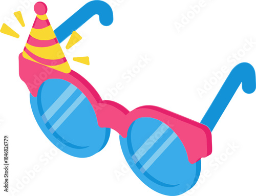 Vibrant Party Sunglasses with Festive Hat on White Background