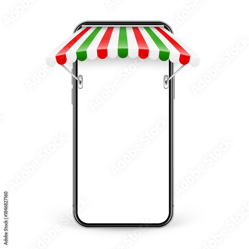 Smartphone with shop sunshade, metal mount, online internet shopping. Realistic striped cafe awning. Outdoor market tent. Roof canopy in Italian flag colors. Summer street store. Vector illustration