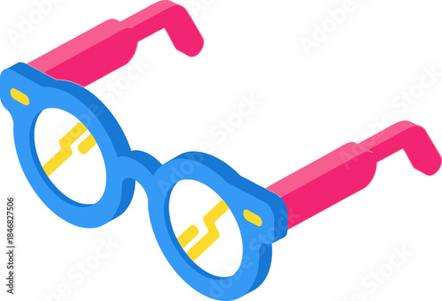Vibrant eyewear illustration showcasing stylish blue and pink frames with yellow accents on a clean white background from a front viewpoint