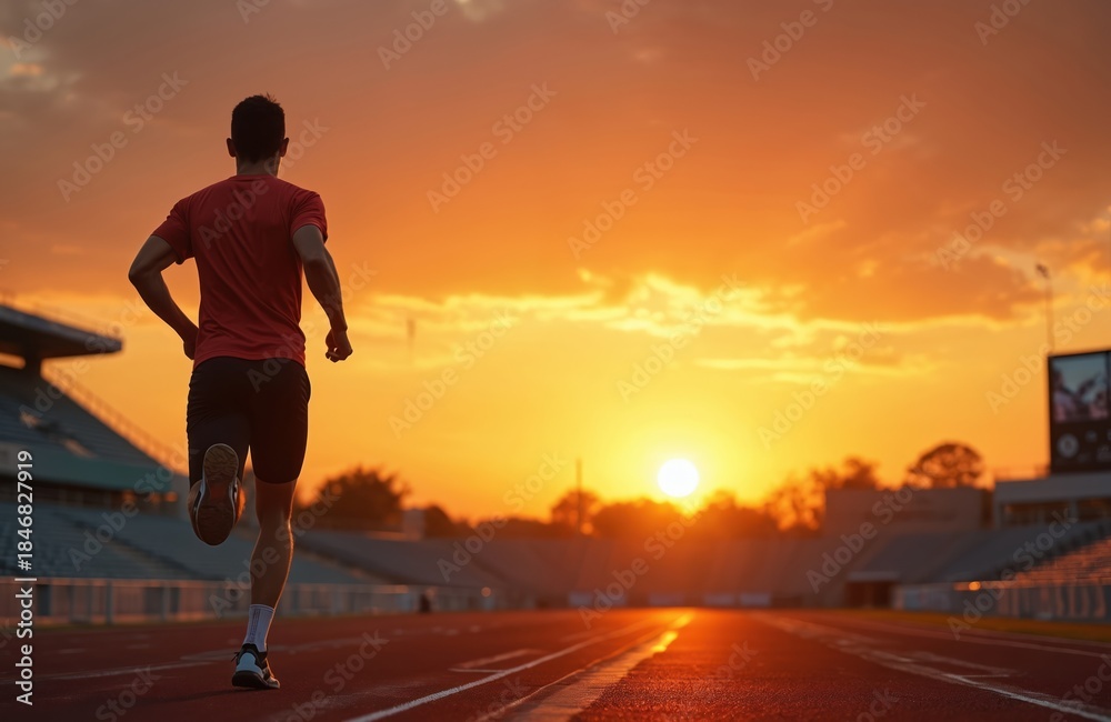 Obraz premium Man runs on stadium track at sunset. Athletic runner in motion, sunset sky paints clouds orange. Athlete pursues a goal, trains for competition, achieves victory.
