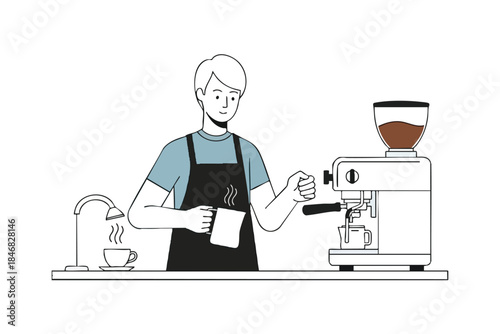 Illustration of barista making coffee with steaming cup and coffee machine