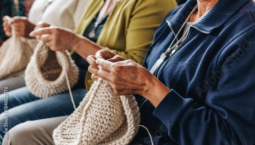 Empowering community through flat knitting for chemo caps closeup of volunteers creating soft caps