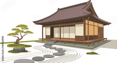 Japanese garden with tranquil house and raked sand zen garden landscape featuring bonsai tree stones