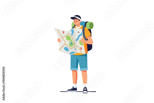 A hiker stands, backpack on, studying a map with landmarks and a compass rose