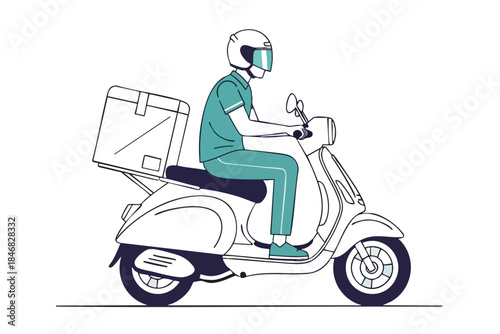 An illustrated delivery person on a scooter with a large box on the back