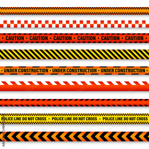 Barricade construction tape. Colorful police warning line, brightly colored danger or hazard stripe, ribbon. Restricted area, zone. Attention symbol. Vector illustration