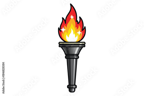 Stylized torch illustration with flames in red, orange, yellow, and a metallic gray base