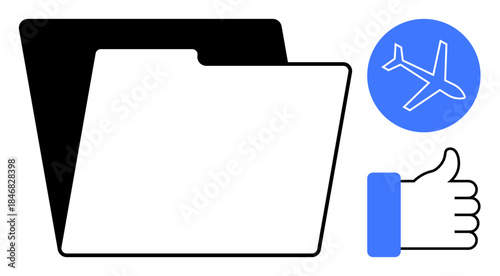 Travel planning concept. Folder icon with thumbs up and airplane symbols travel planning, file organization, and efficient storage. Great for logistics, management tools, and tourism