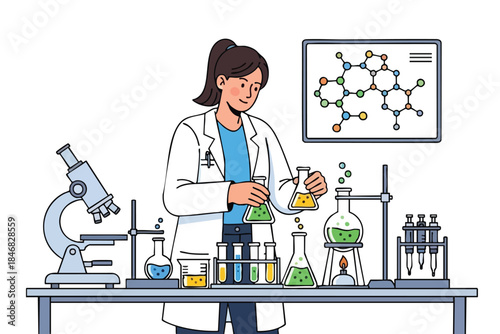 A scientist in a lab coat performs experiments with various scientific equipment