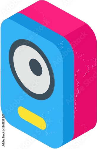 A vibrant, 3D speaker icon with a blue front and pink sides, featuring a white circular speaker on a simple background, viewed from a slight angle.