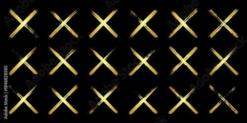 Golden grunge crosses, brush strokes, lines, ink smudges, hand-drawn scribble shapes. Handmade sketchy marks, acrylic stains, charcoal streaks. Paint textures, dry brush effect. Vector illustration