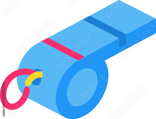 A 3D illustration of a blue whistle with a red ring and yellow mouthpiece on a white background viewed from an angle