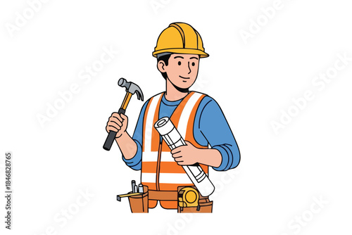 Cartoon construction worker with hammer, plans, and tools smiling, wearing hardhat and vest