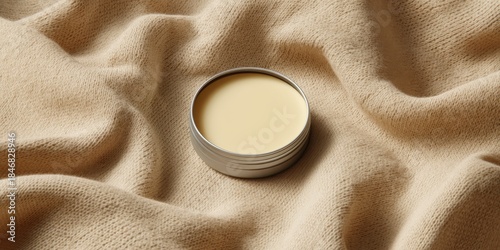 Lip balm winter care concept. Cream container on textured fabric background.