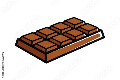 An isometric view illustration of a brown chocolate bar with squares, black border