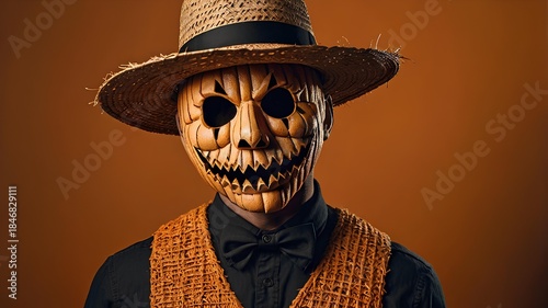 Man with Halloween makeup mask in straw hat 
