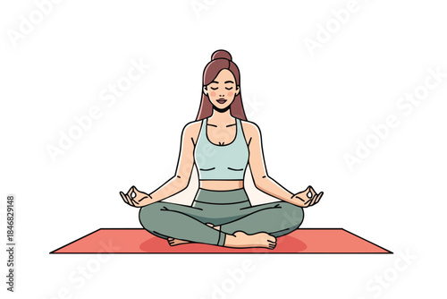A cartoon woman in yoga lotus pose on a mat, eyes closed in meditation