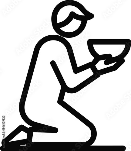 Person kneeling holding empty bowl on white background begging