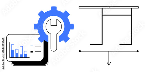 Data analysis, innovation, technology tools, system repair, mechanical design, engineering concepts. A chart screen with a gear next to a structure diagram. Data analysis and innovation concept