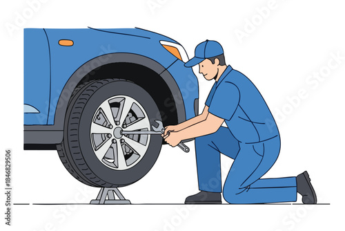 A mechanic in blue uniform kneels, using a wrench to change a car's tire