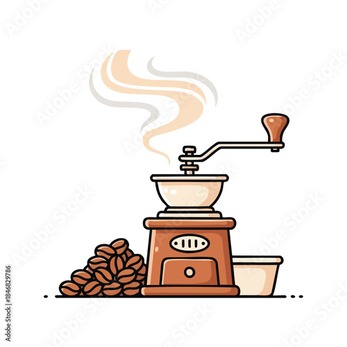 Vintage Coffee Grinder with Fresh Beans and Aroma Illustrating a Perfect Morning Brew Preparation