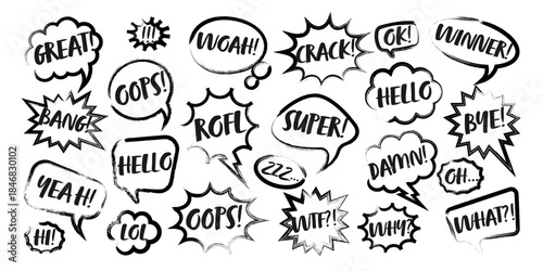 Grunge comic speech bubbles with handwritten text, brush strokes, ink smudges, acrylic stains or charcoal streaks. Hand drawn retro cartoon stickers. Chatting, message box. Vector illustration