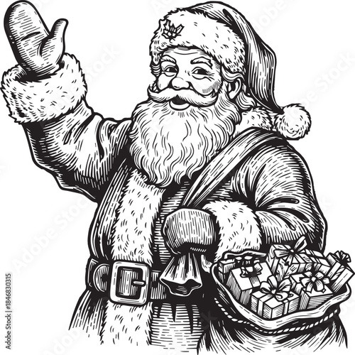 A vintage black and white illustration of Santa Claus waving and carrying a sack of presents, perfect for festive holiday designs