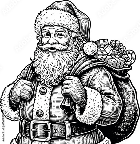 Classic Black and White Illustration of Santa Claus Carrying a Sleigh Full of Gifts, Ready for Christmas Eve Delivery