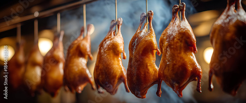 A vibrant display of perfectly roasted ducks hanging, showcasing culinary artistry in a bustling kitchen environment.