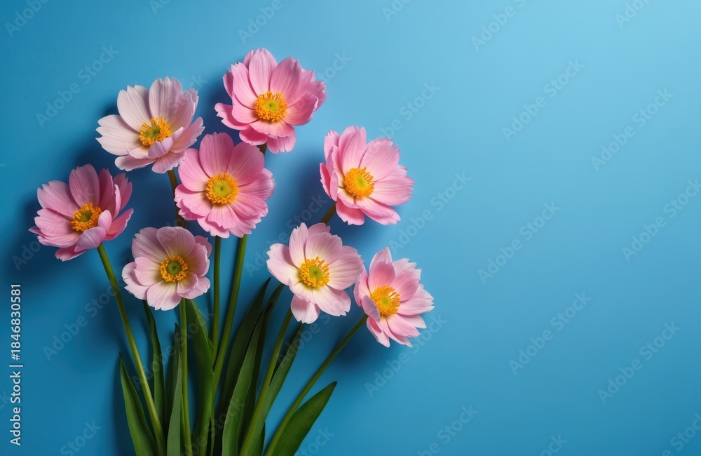 Fototapeta premium Soft pink cosmos flowers with yellow centers arranged on bright royal blue background. Minimalist composition with fresh green leaves, ideal for spring themes, beauty, or nature related content.