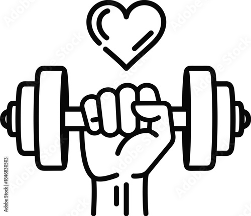 Fist holding dumbbell with heart above on white background hand weight
