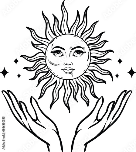 Minimalist Hands Holding Sun Line Drawing