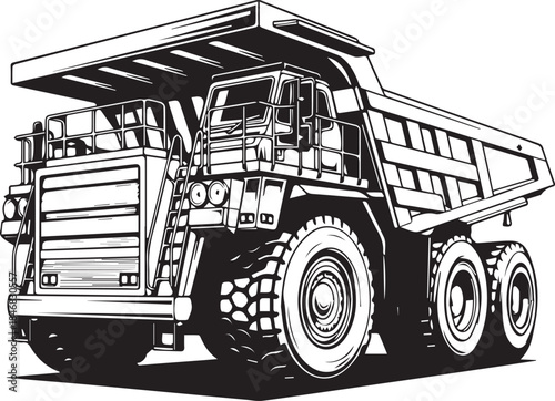 Large dump truck silhouette Line Art Illustration, Industrial Mining Vehicle 