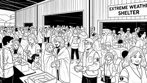 People seek shelter from extreme weather in a crowded community center