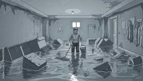 Man cleaning flooded room with broken furniture and debris