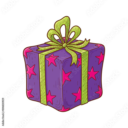 Purple Gift Box with Pink Stars and Green Ribbon Bow, Festive Celebration Present