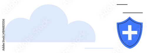 Data backup, cloud storage, cybersecurity, health care confidentiality, safe information sharing, medical data security. Blue cloud and shield with a cross. Cloud storage and data backup concepts