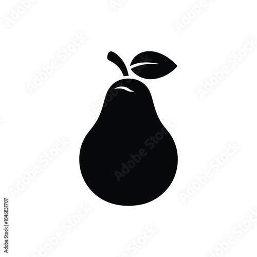 A simple black silhouette of a pear with a leaf and stem