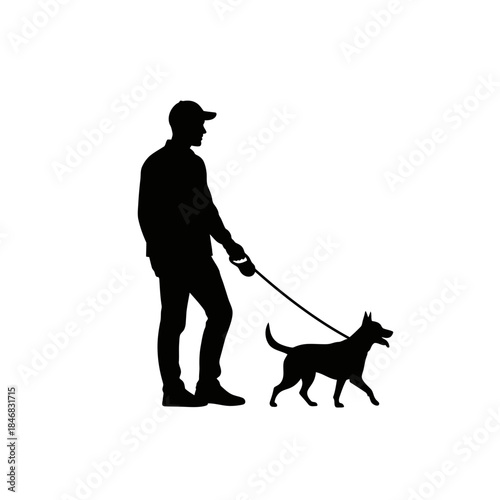 Man Walking Dog Silhouette – Pet Owner Leash Outdoor Vector Illustration