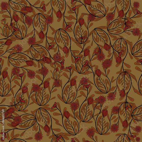Seamless brown Boho pattern featuring vintage-inspired tribal and geometric elements. The design incorporates earthy tones, handcrafted textures, and an organic, retro aesthetic. Perfect for textiles,