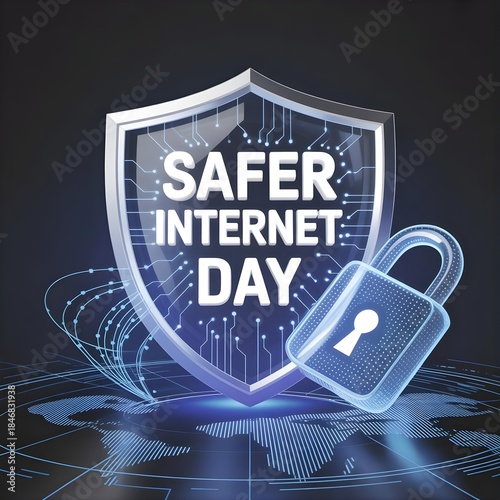 Safer internet day concept with a shield lock and digital network backdrop