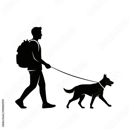 Man Walking Dog Silhouette – Pet Owner Leash Outdoor Vector Illustration