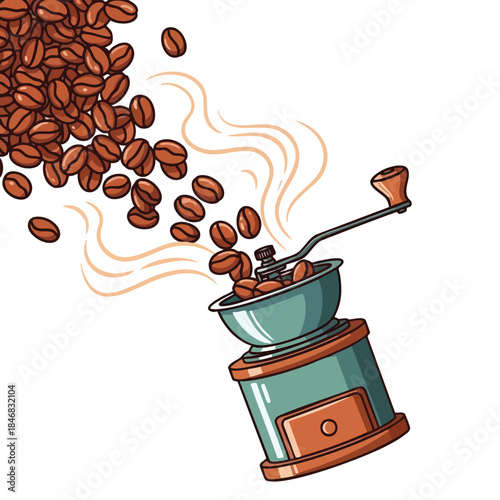 Vintage manual coffee grinder preparing freshly roasted beans releasing aromatic steam on a white background illustration for coffee enthusiasts and