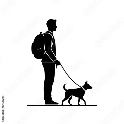 Man Walking Dog Silhouette – Pet Owner Leash Outdoor Vector Illustration