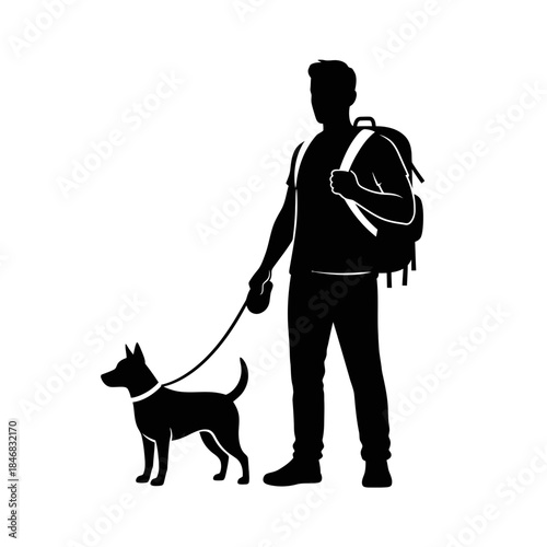 Man Walking Dog Silhouette – Pet Owner Leash Outdoor Vector Illustration