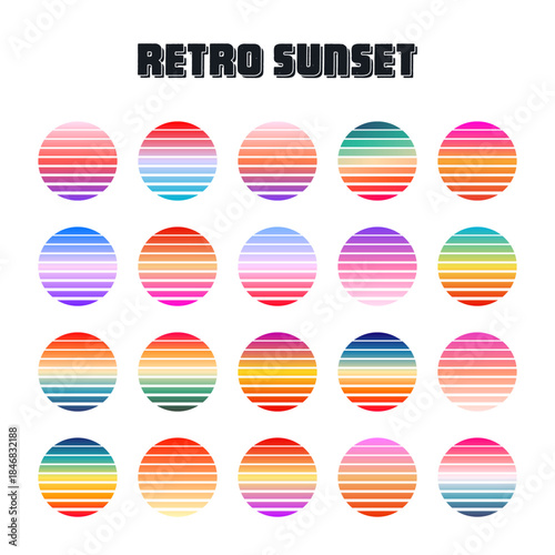 Vintage colorful sunset. Striped gradient sunrise badges in 80s and 90s style. Sun and ocean view, summer vibes, surfing. Design element for print, logo or t-shirt. Vector illustration
