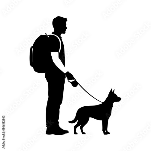 Man Walking Dog Silhouette – Pet Owner Leash Outdoor Vector Illustration